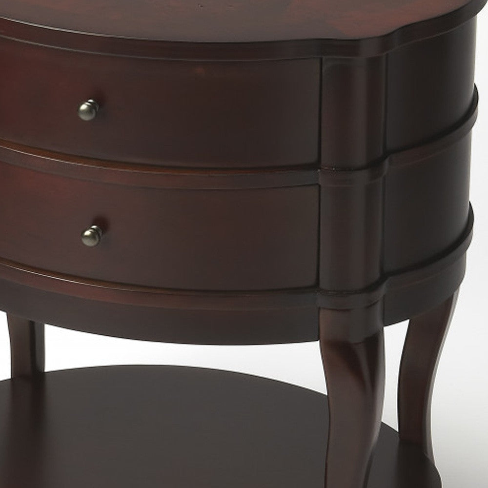 Dark Brown And Cherry Solid And’s Wood Oval End Table With Two Drawers And Shelf 26"