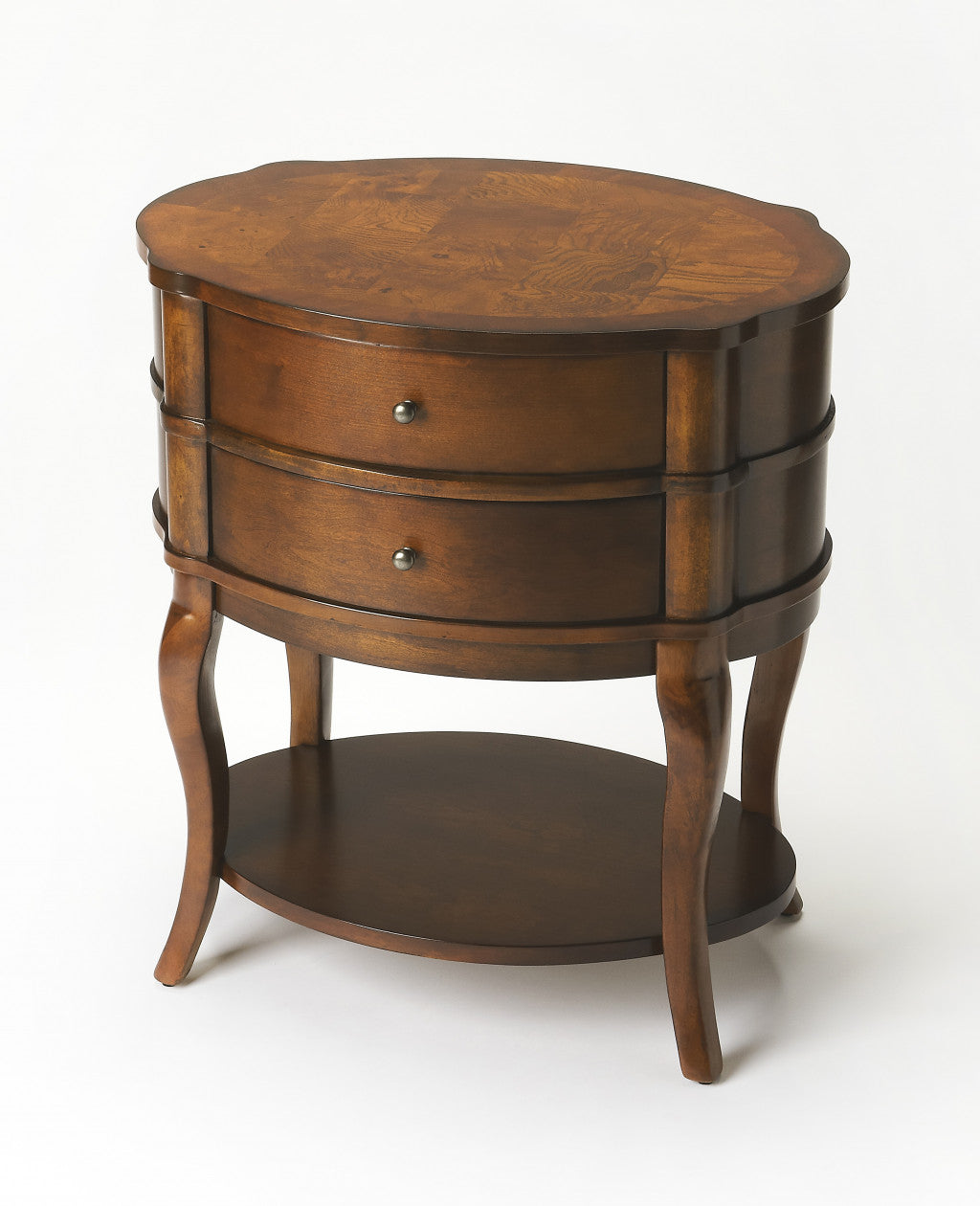 Medium Brown And Umber Solid And Wood Oval End Table With Two Drawers And Shelf 26"