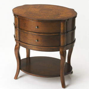 Medium Brown And Umber Solid And Wood Oval End Table With Two Drawers And Shelf 26"