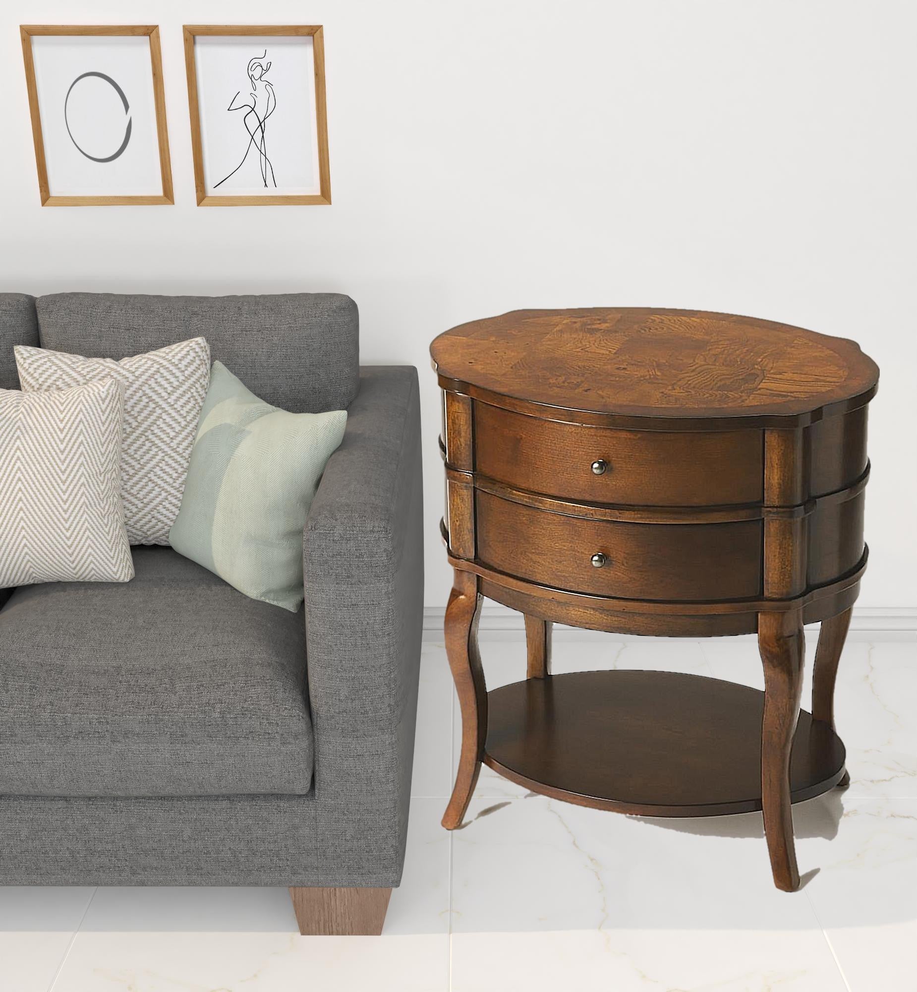 Medium Brown And Umber Solid And Wood Oval End Table With Two Drawers And Shelf 26"
