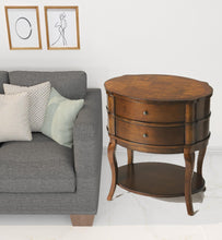 Medium Brown And Umber Solid And Wood Oval End Table With Two Drawers And Shelf 26