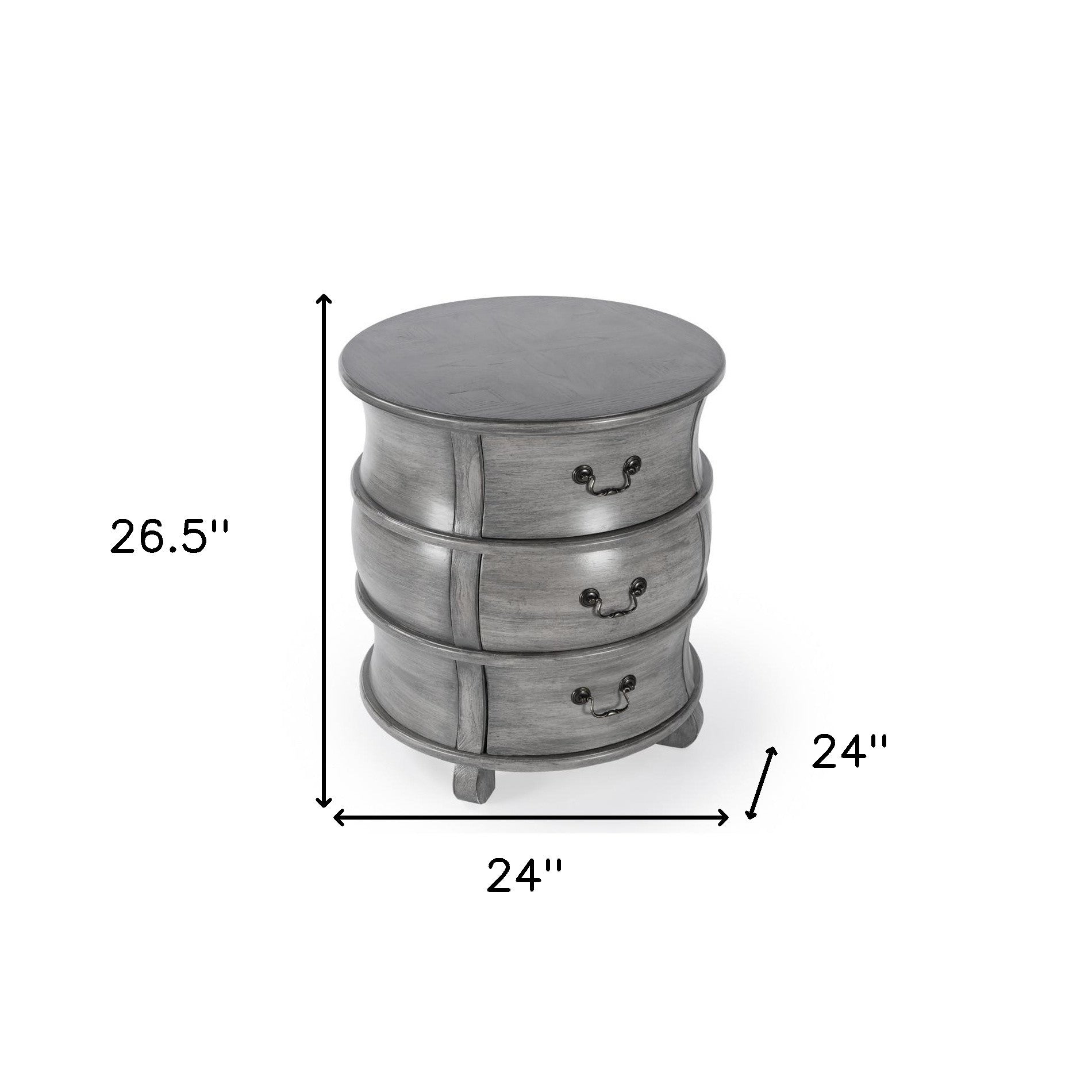 27" Grey Wood Round End Table With Three Drawers