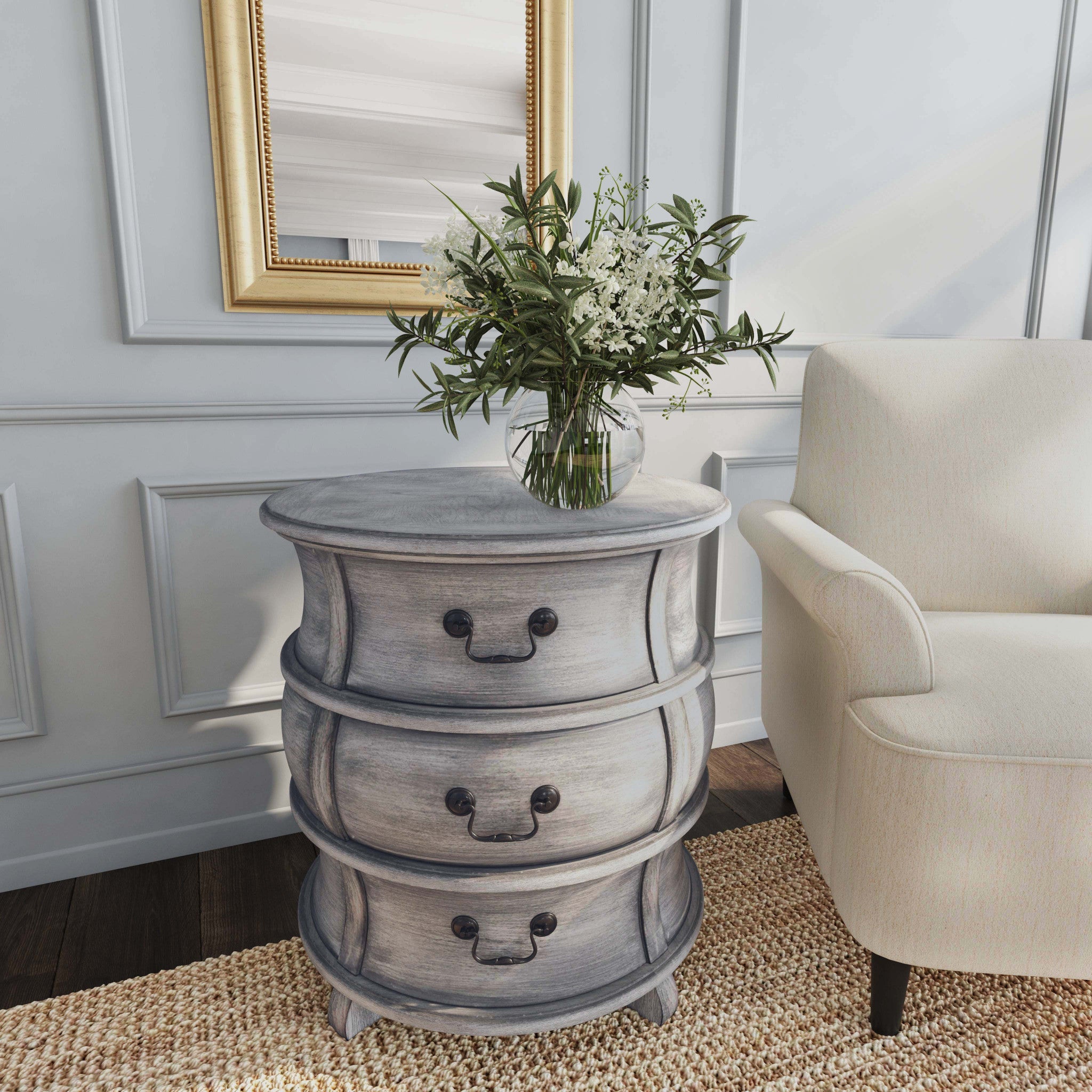 27" Grey Wood Round End Table With Three Drawers