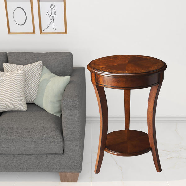 Medium Brown And Olive Ash Wood Round End Table With Shelf 26"