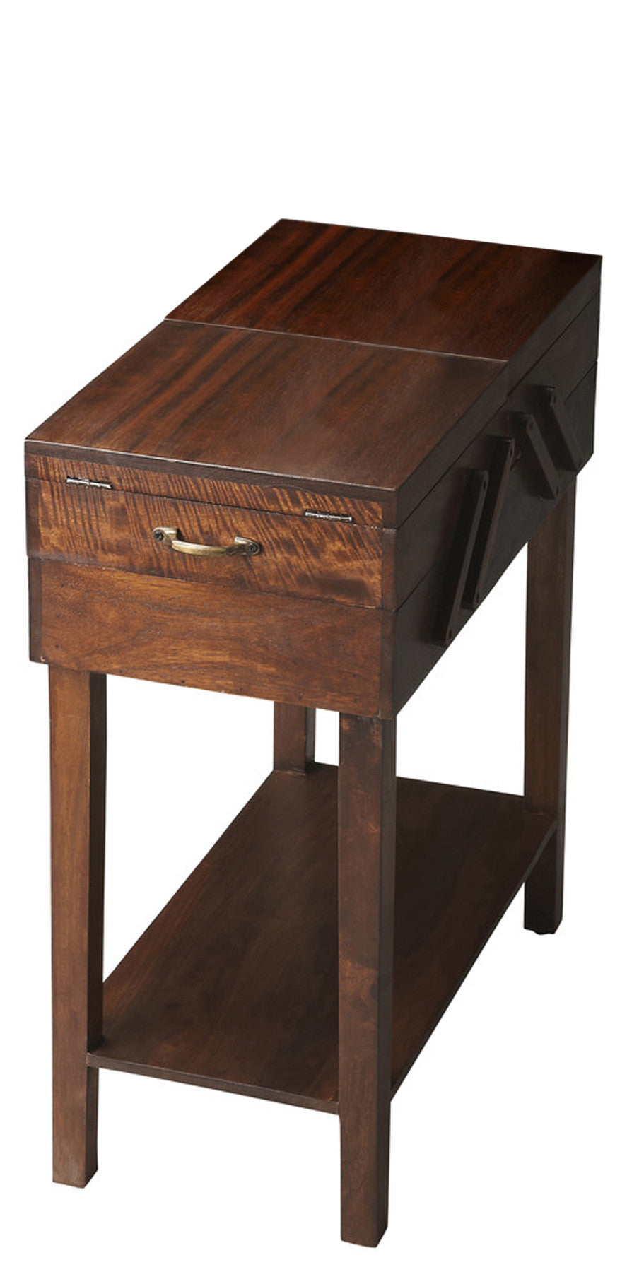 Mesa auxiliar rectangular de madera maciza marrón oscuro de 28" con cajón y estante