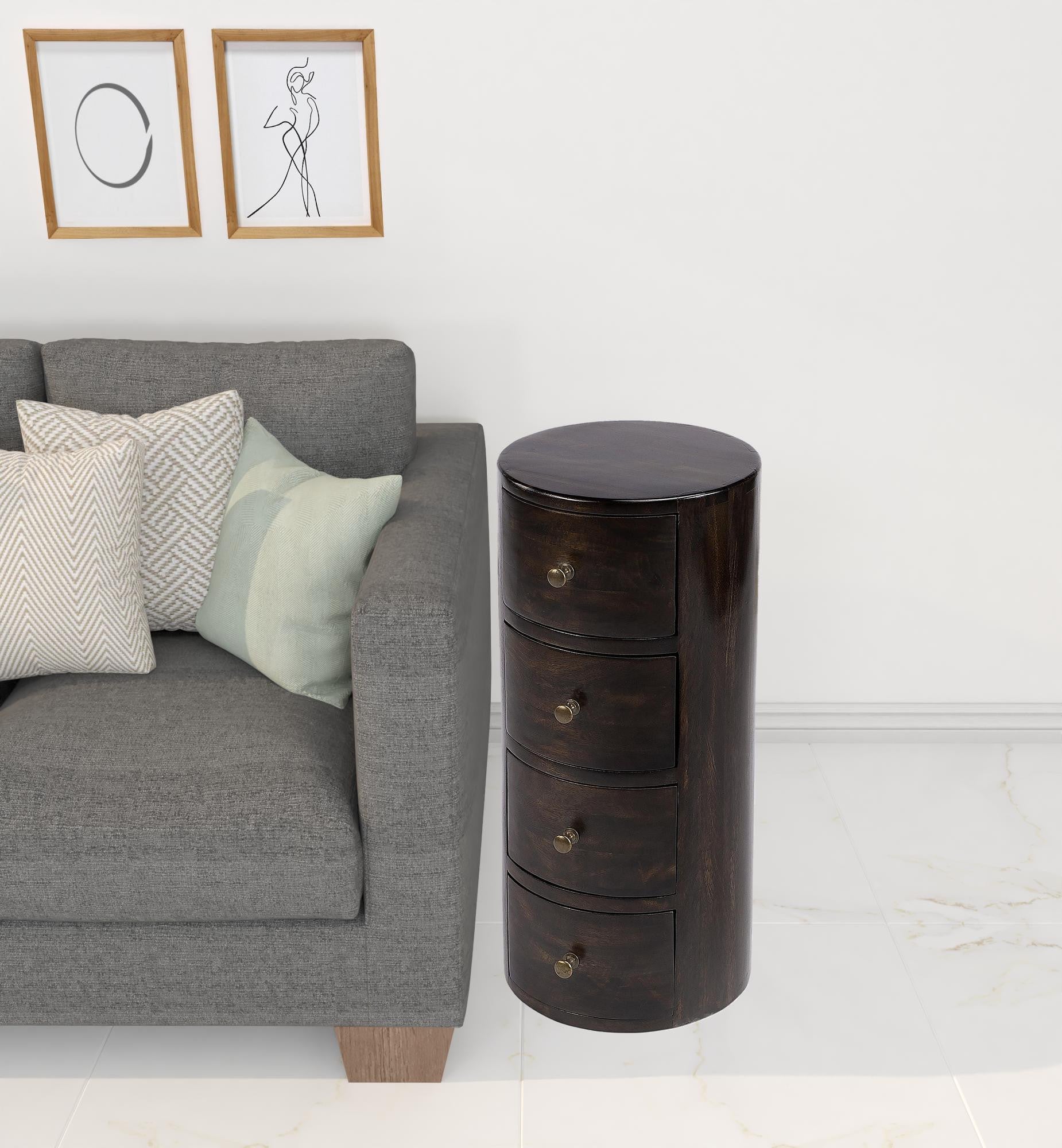 24" Dark Brown Chocolate Wood Round End Table With Four Drawers