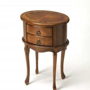 26" Medium Brown And Olive Ash Manufactured Wood Oval End Table With Two Drawers