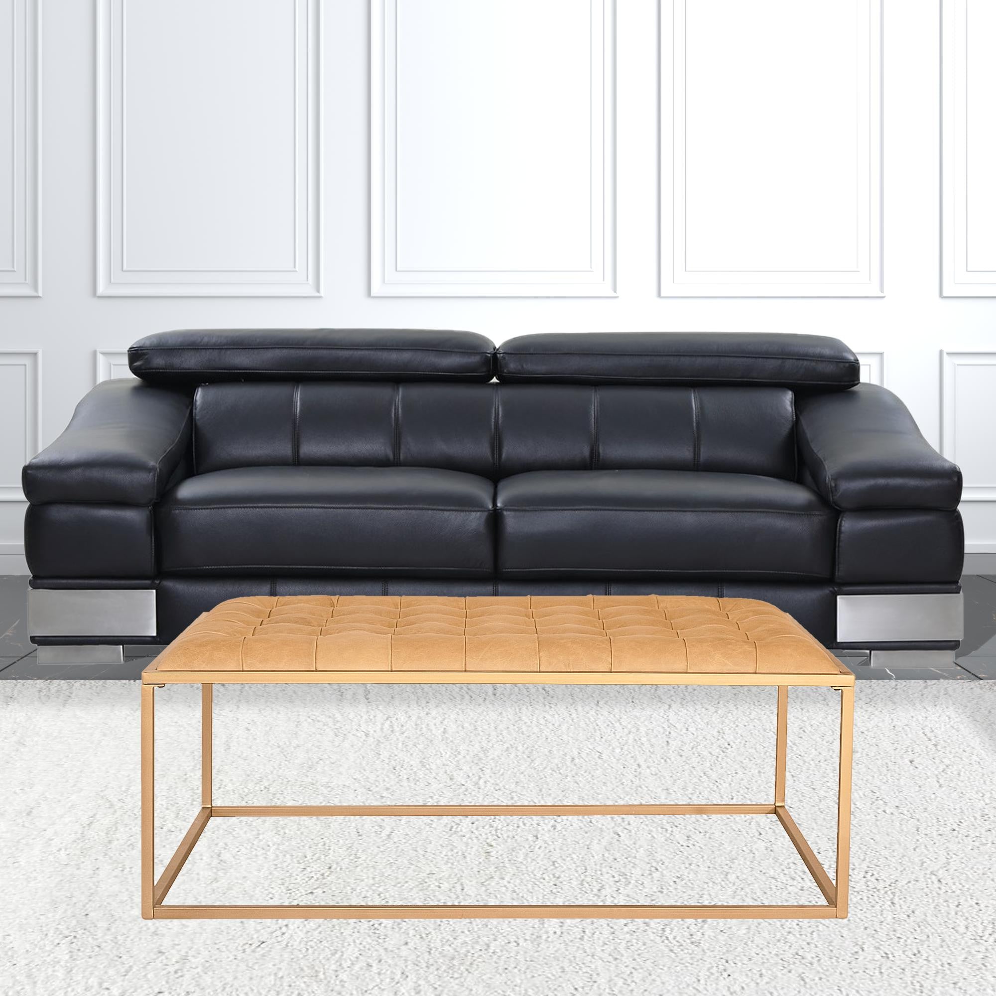 48 英寸棕色真皮簇絨皮革和鐵咖啡桌