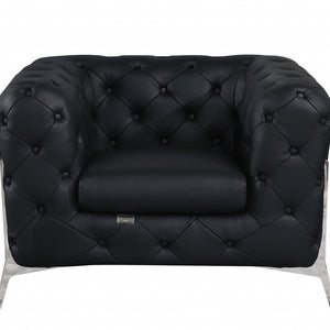 Glam Black and Chrome Tufted Leather Armchair