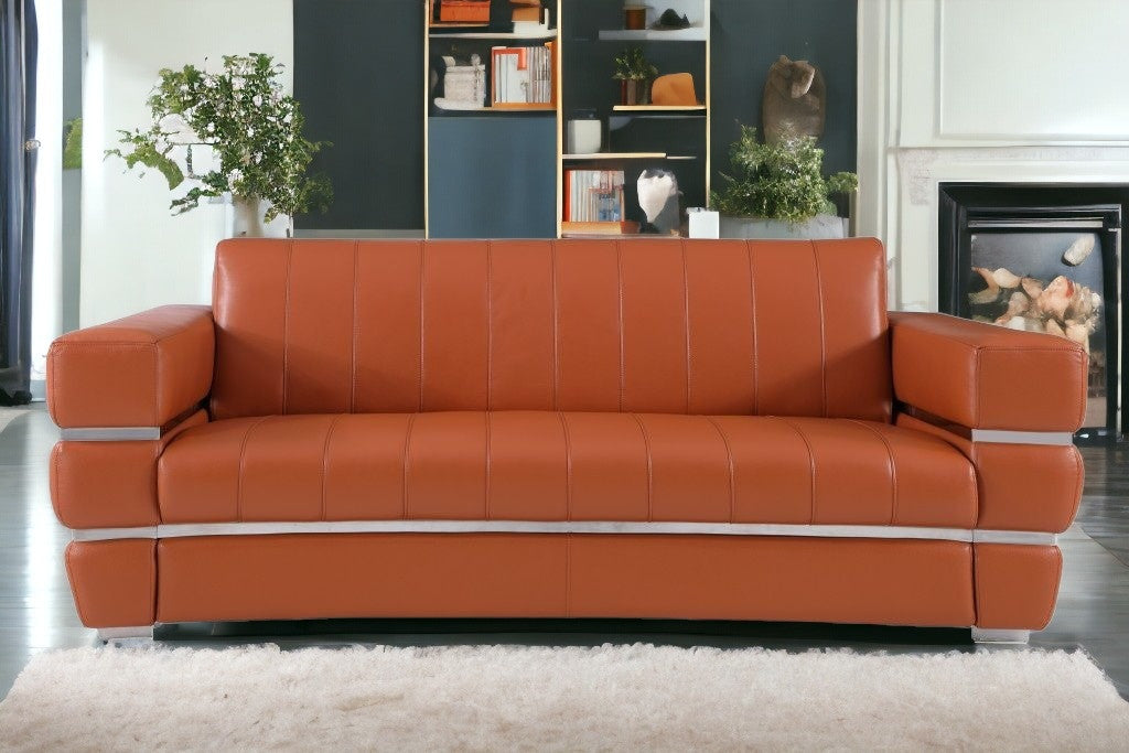 89" Camel Brown Chrome Accents Genuine Leather Standard Sofa