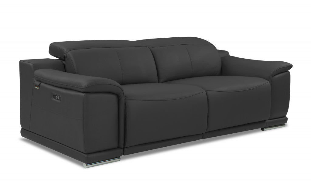 Sofá reclinable de cuero genuino gris oscuro de 86"