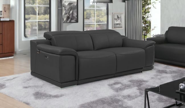 Sofá reclinable de cuero genuino gris oscuro de 86"