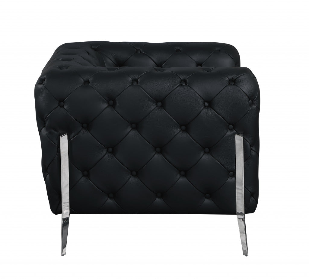 93" Black Genuine Tufted Leather and Chrome Standard Sofa