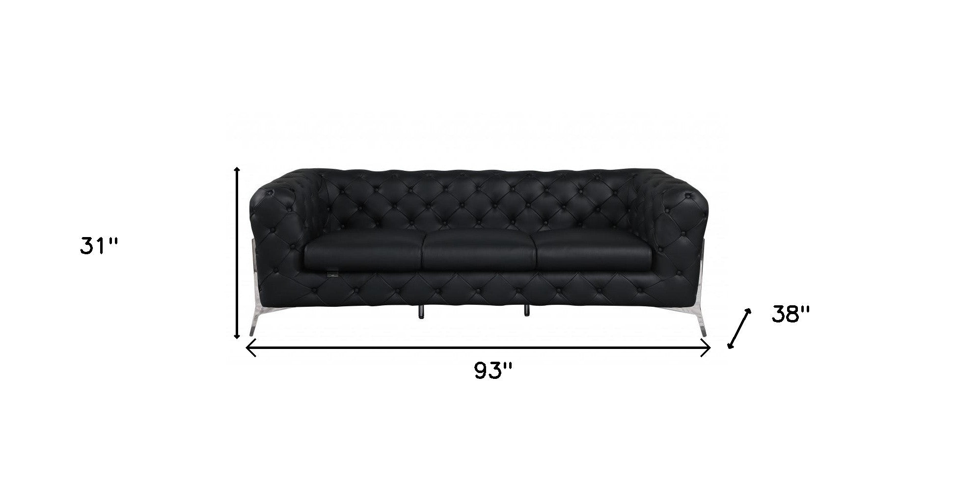 93" Black Genuine Tufted Leather and Chrome Standard Sofa