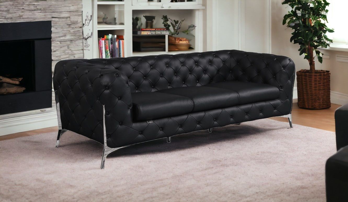 93" Black Genuine Tufted Leather and Chrome Standard Sofa