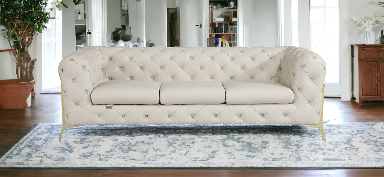 93" Beige Genuine Button Tufted Leather Standard Sofa