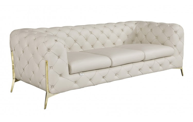 93" Beige Genuine Button Tufted Leather Standard Sofa