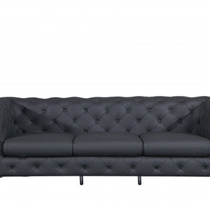 93" Dark Gray Genuine Button Tufted Leather Standard Sofa