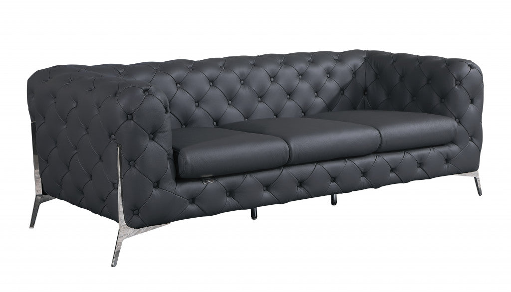 93" Dark Gray Genuine Button Tufted Leather Standard Sofa