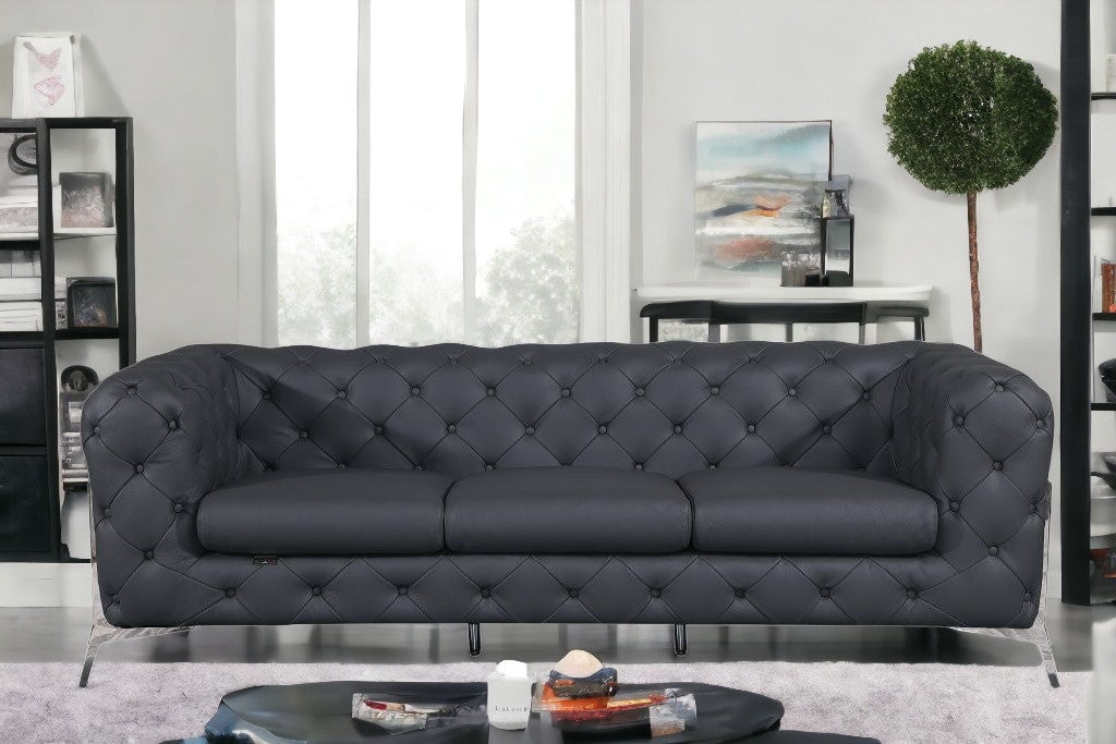 93" Dark Gray Genuine Button Tufted Leather Standard Sofa