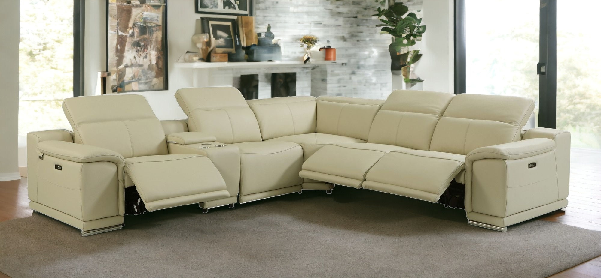 Beige Italian Leather Power Recline L Shape Six Piece Corner Sectional With Console