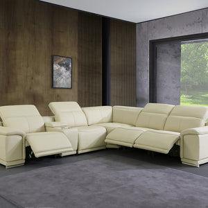 Beige Italian Leather Power Recline L Shape Six Piece Corner Sectional With Console