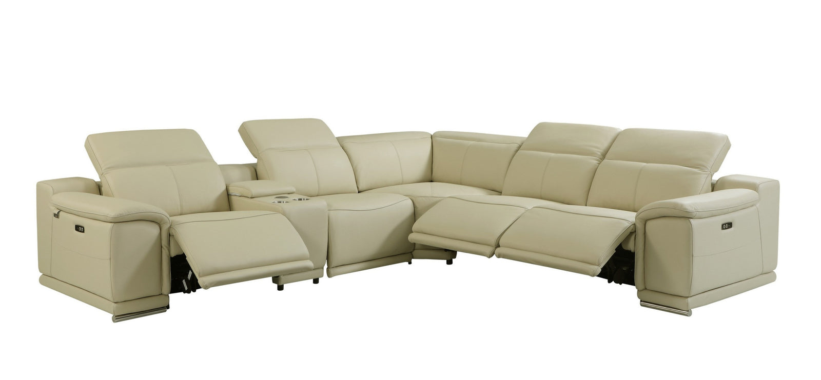 Beige Italian Leather Power Recline L Shape Six Piece Corner Sectional With Console