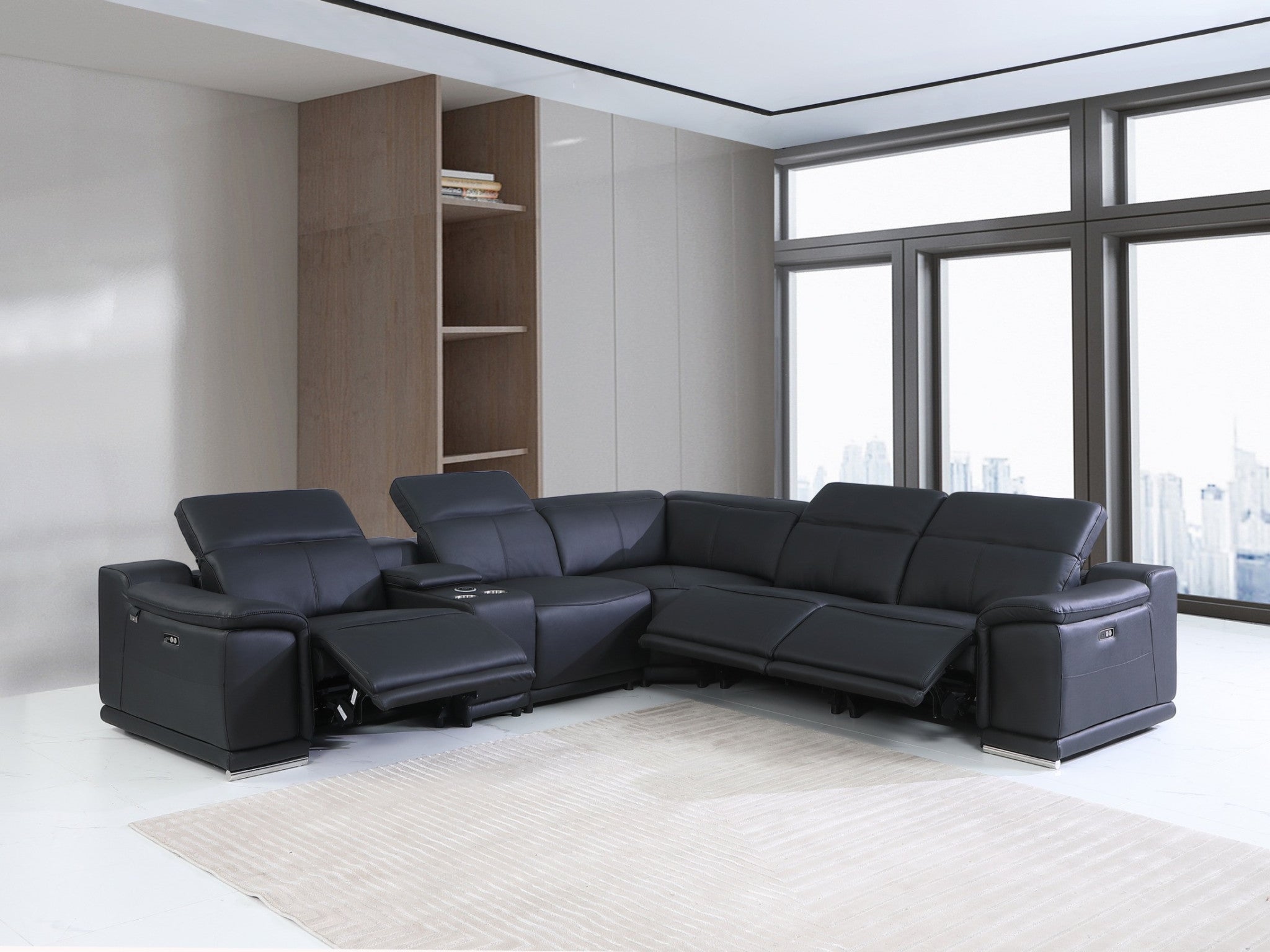 Black Italian Leather Power Recline L Shape Six Piece Corner Sectional With Console