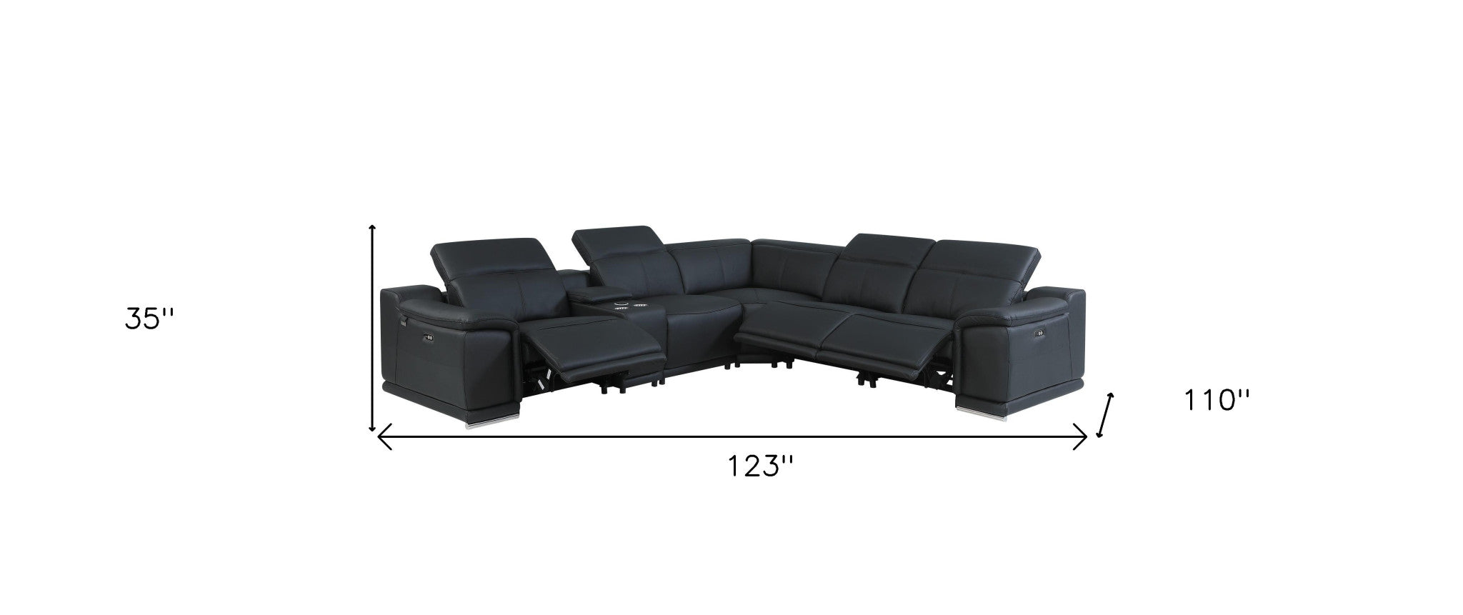 Black Italian Leather Power Recline L Shape Six Piece Corner Sectional With Console