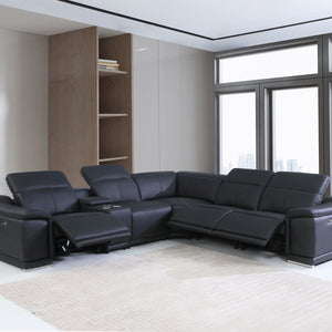 Black Italian Leather Power Recline L Shape Six Piece Corner Sectional With Console