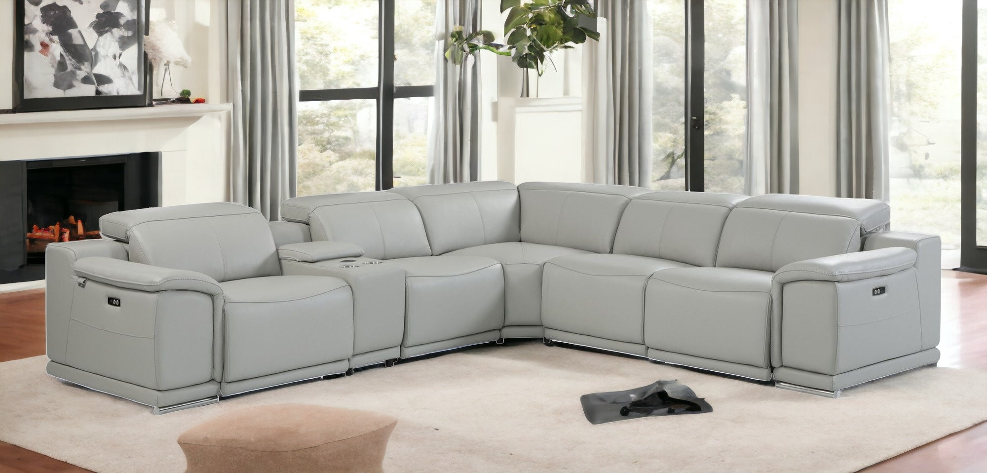 Light Gray Italian Leather Power Recline L Shape Six Piece Corner Sectional With Console