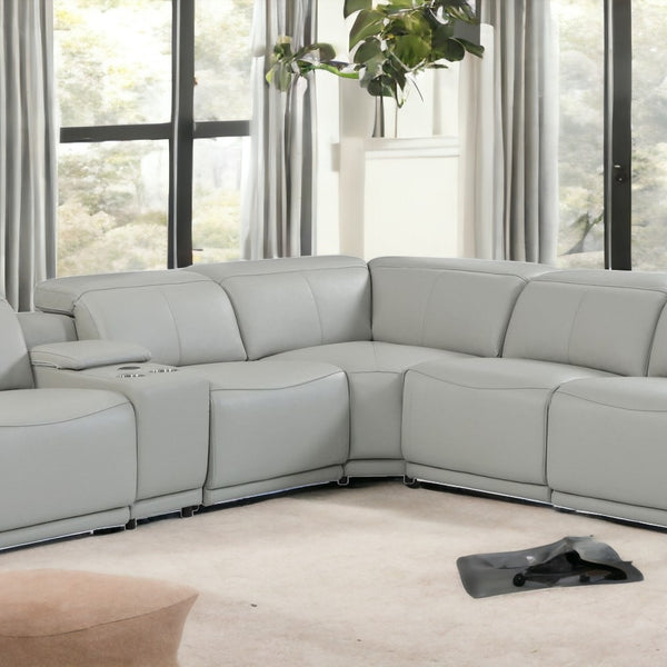 Light Gray Italian Leather Power Recline L Shape Six Piece Corner Sectional With Console