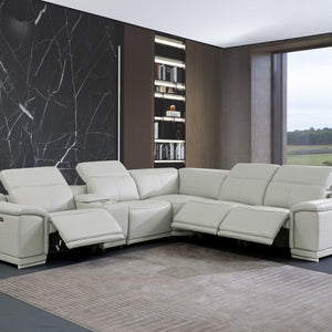 Light Gray Italian Leather Power Recline L Shape Six Piece Corner Sectional With Console