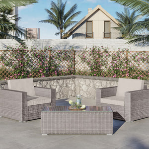 Three Piece Beige SQA Faux Rattan and Tan Outdoor Seating Set with Table