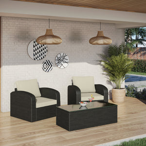 Three Piece Black RA Faux Rattan and Ivory Outdoor Seating Set with Table