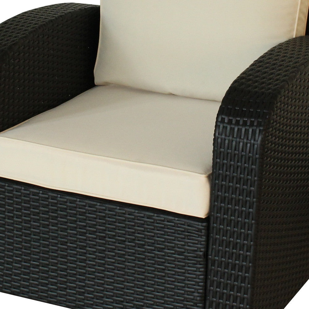 Three Piece Black RA Faux Rattan and Ivory Outdoor Seating Set with Table