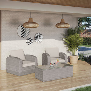 Three Piece Beige RA Faux Rattan and Tan Outdoor Seating Set with Table