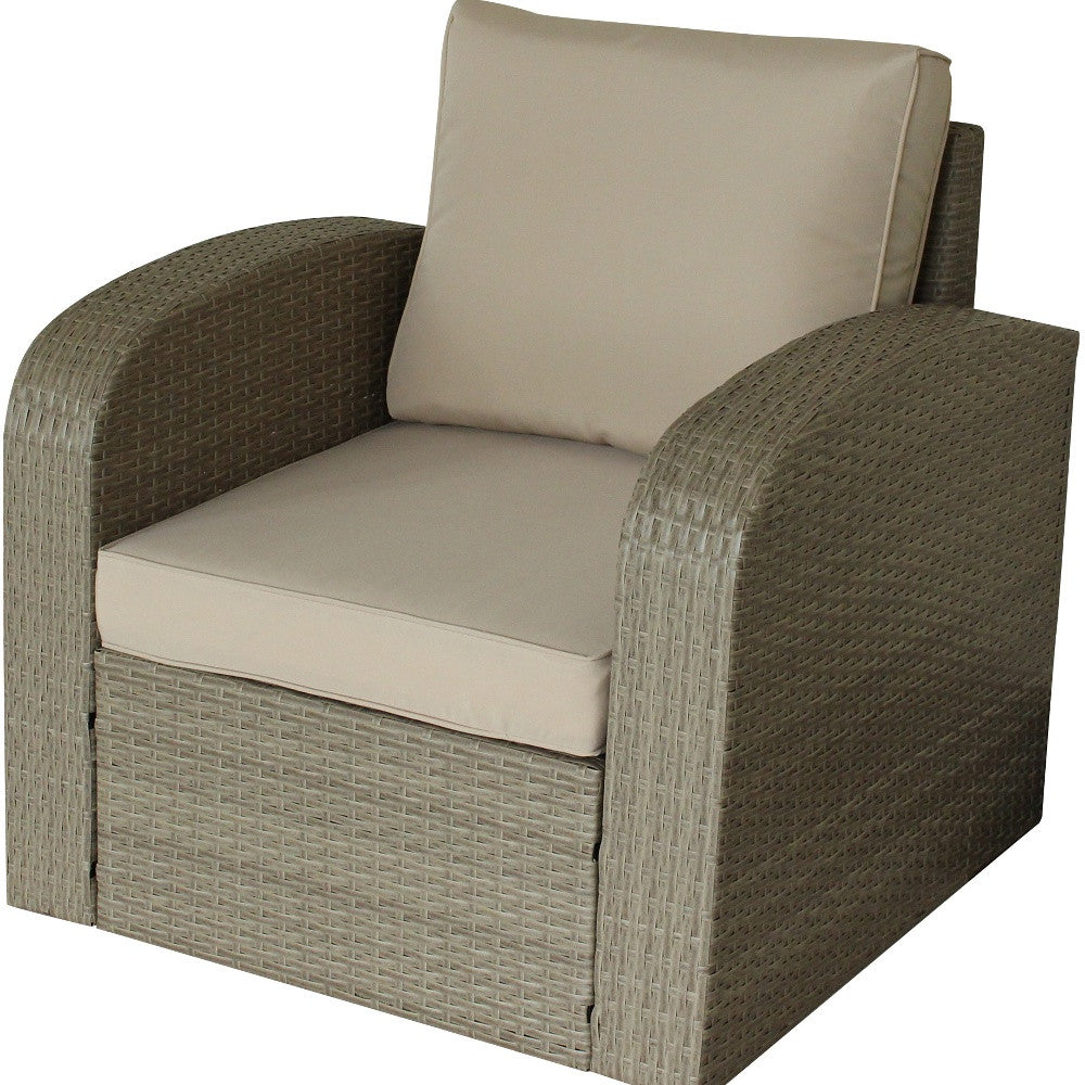 Three Piece Beige RA Faux Rattan and Tan Outdoor Seating Set with Table