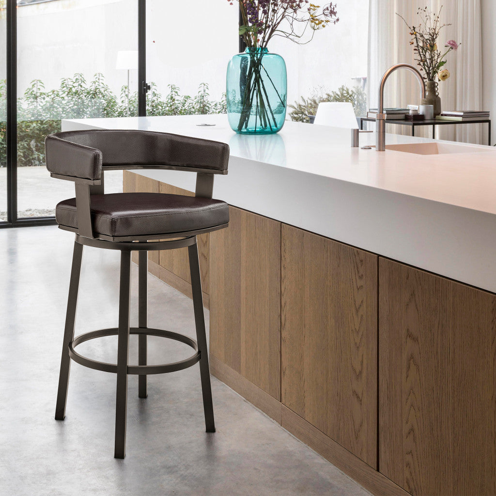34 英寸巧克力色人造皮革和鐵質旋轉低背吧檯椅