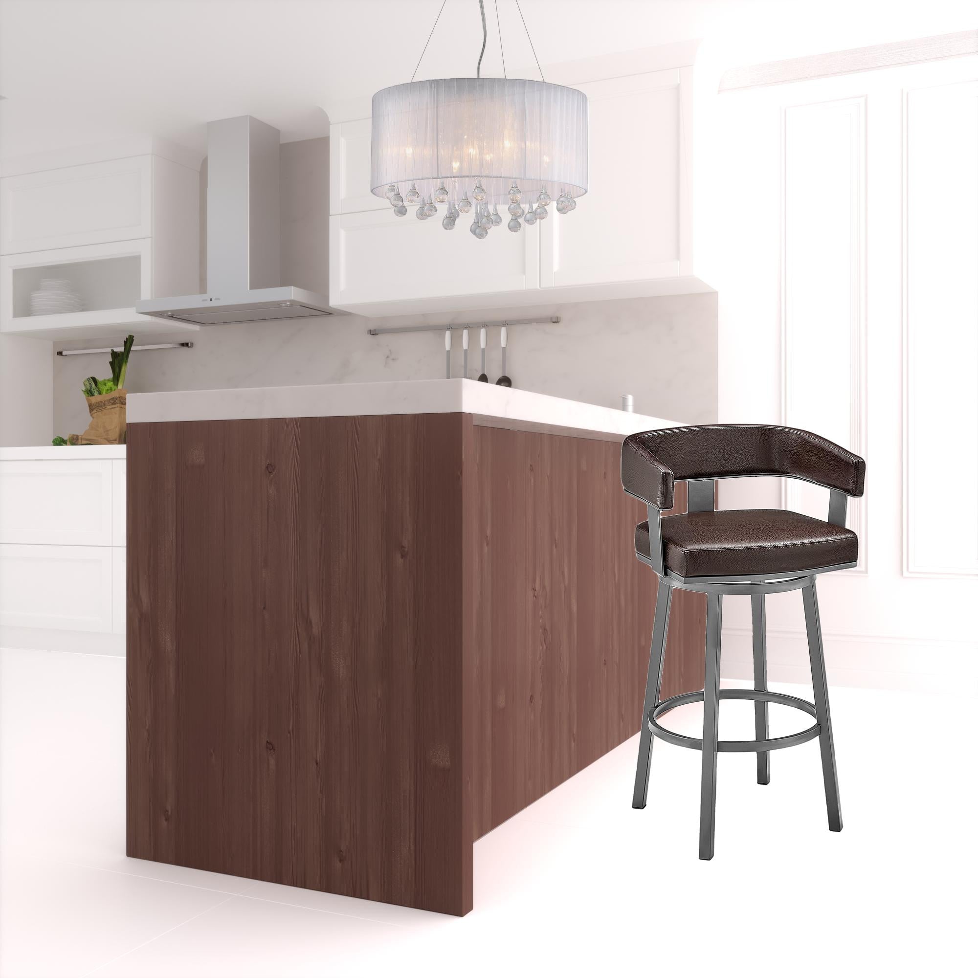 38" Chocolate Faux Leather And Iron Swivel Low Back Bar Height Chair