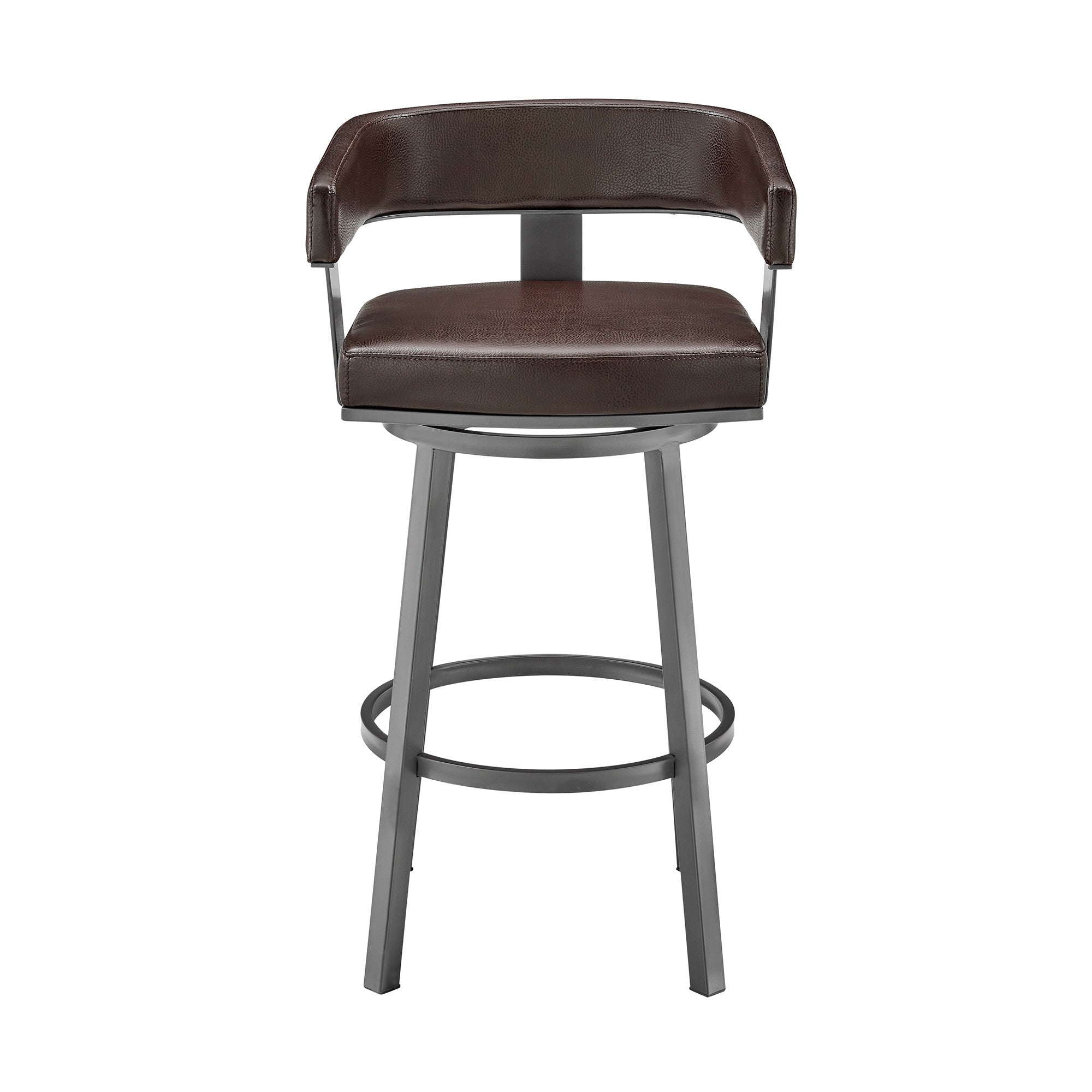 38" Chocolate Faux Leather And Iron Swivel Low Back Bar Height Chair