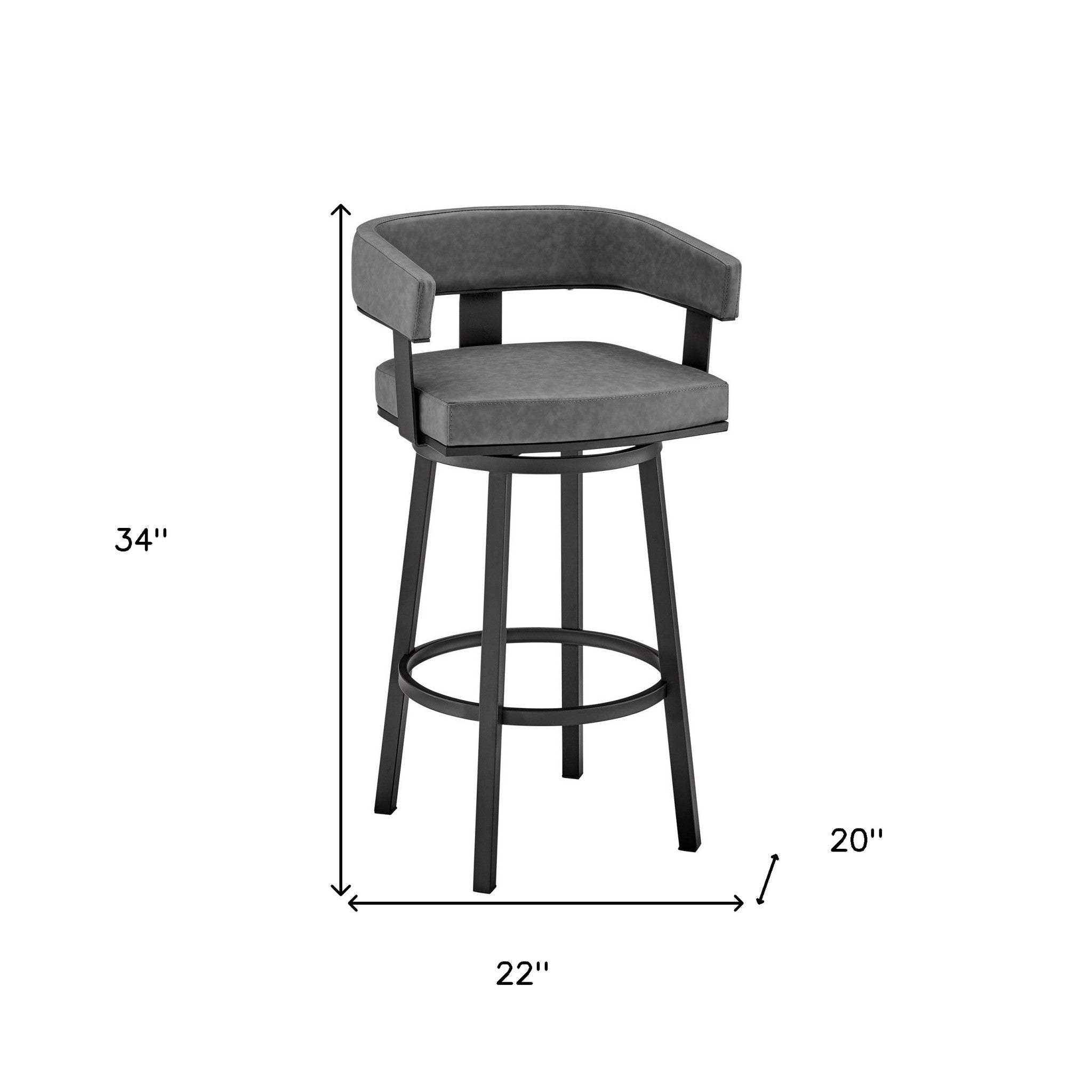 34" Gray Faux Leather And Iron Swivel Low Back Counter Height Bar Chair