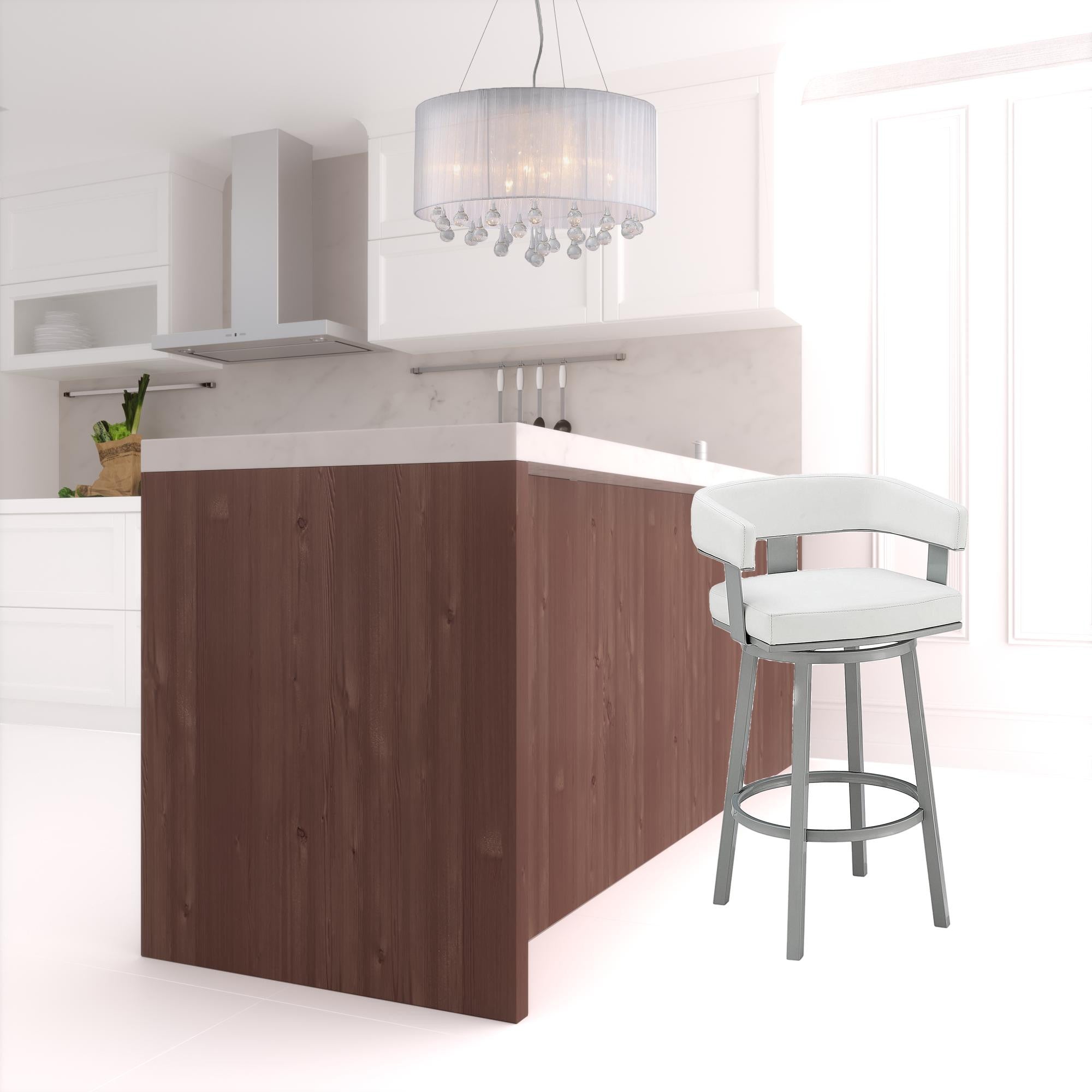 38" White Faux Leather And Iron Swivel Low Back Bar Height Chair