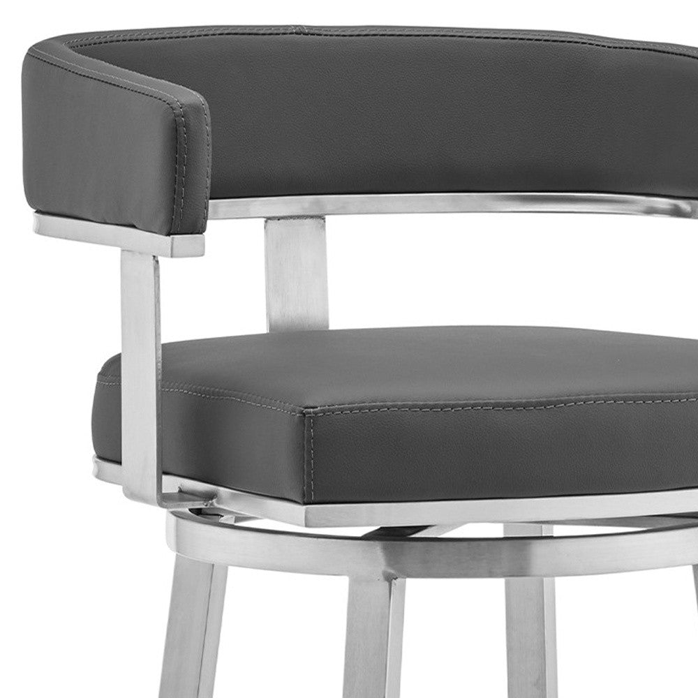 34" Gray And Silver Faux Leather And Iron Swivel Low Back Counter Height Bar Chair With Footrest