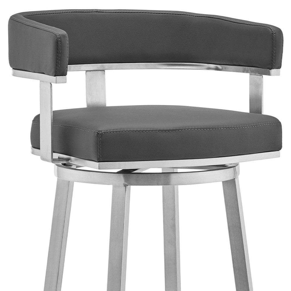 34" Gray And Silver Faux Leather And Iron Swivel Low Back Counter Height Bar Chair With Footrest