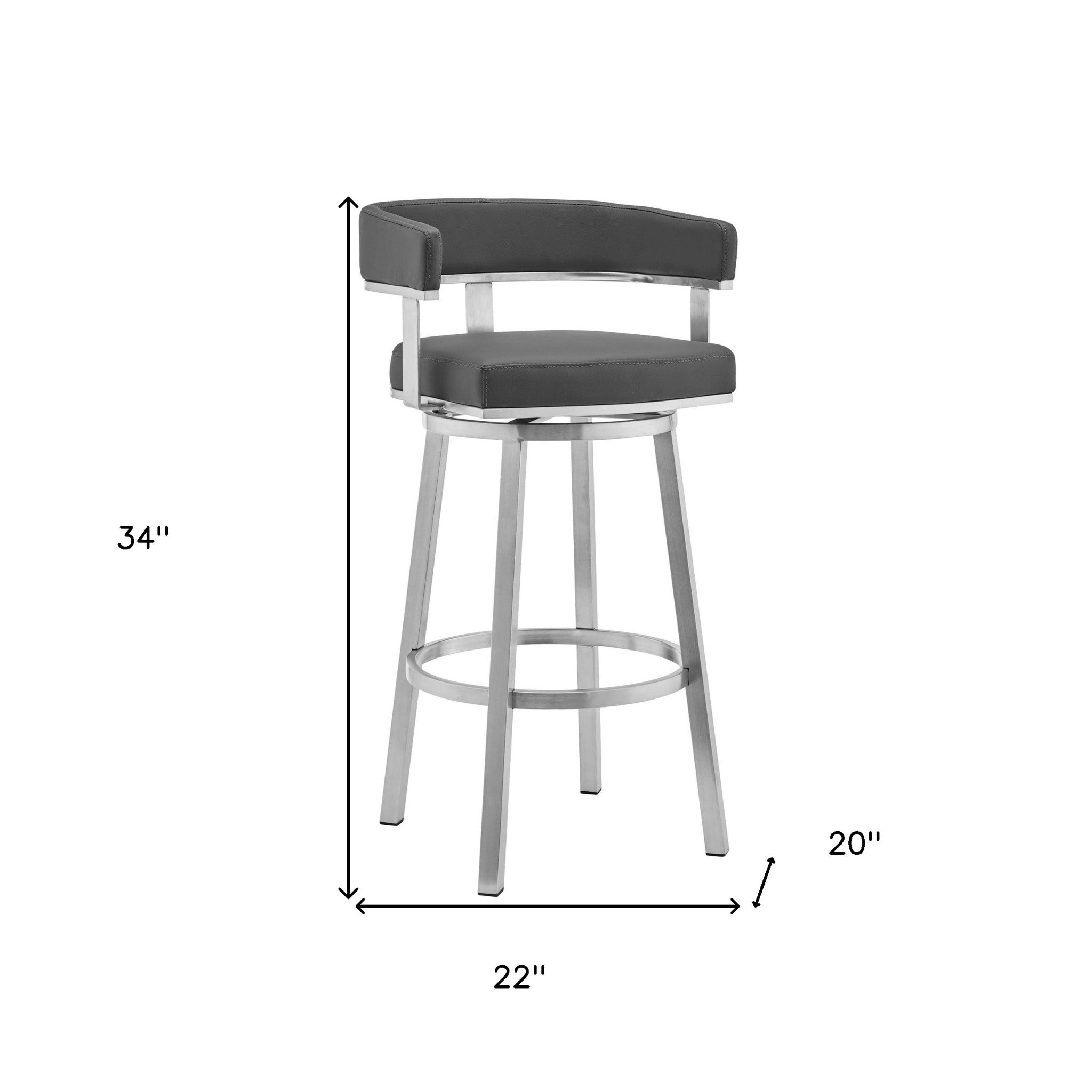 34" Gray And Silver Faux Leather And Iron Swivel Low Back Counter Height Bar Chair With Footrest