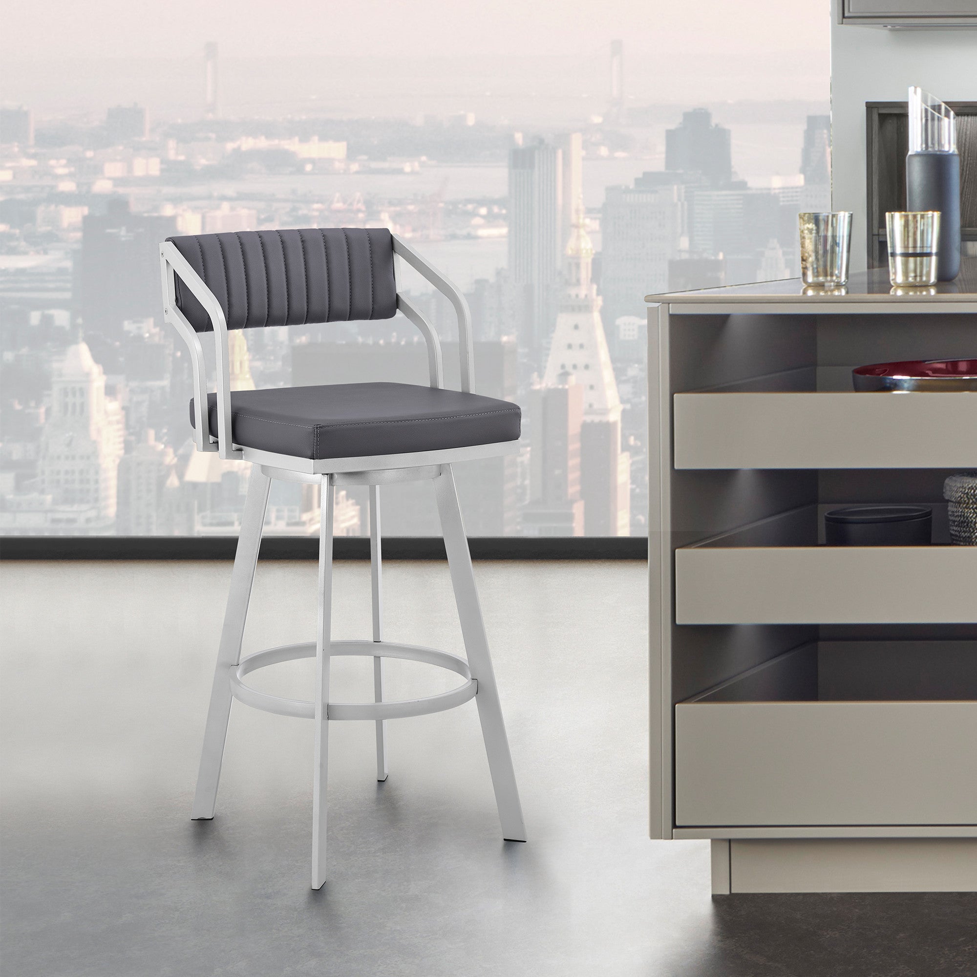 30 英寸永恆石板灰色人造皮革銀色飾面旋轉吧凳