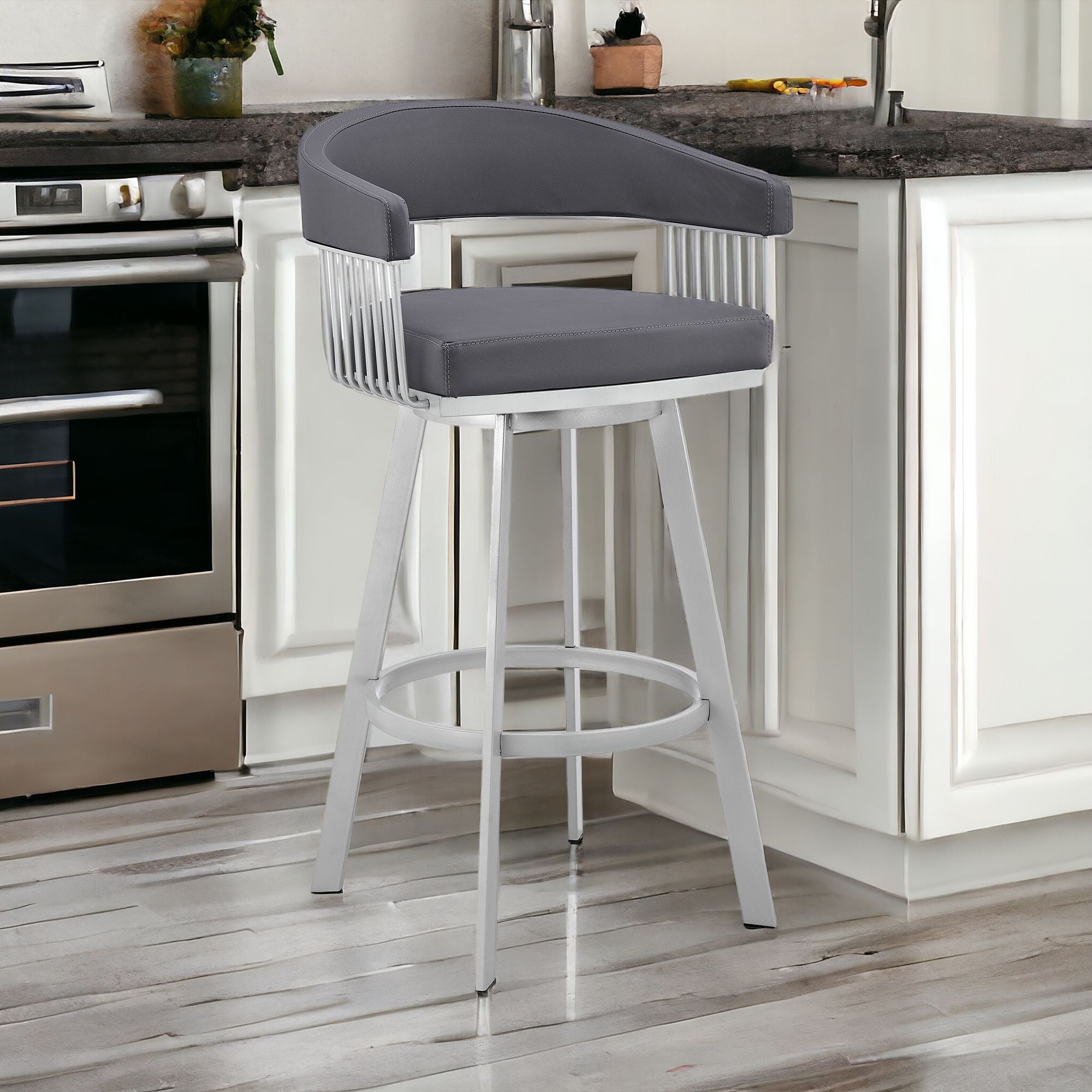 30" Mod Slate Grey Faux Leather Silver Finish Swivel Bar Stool