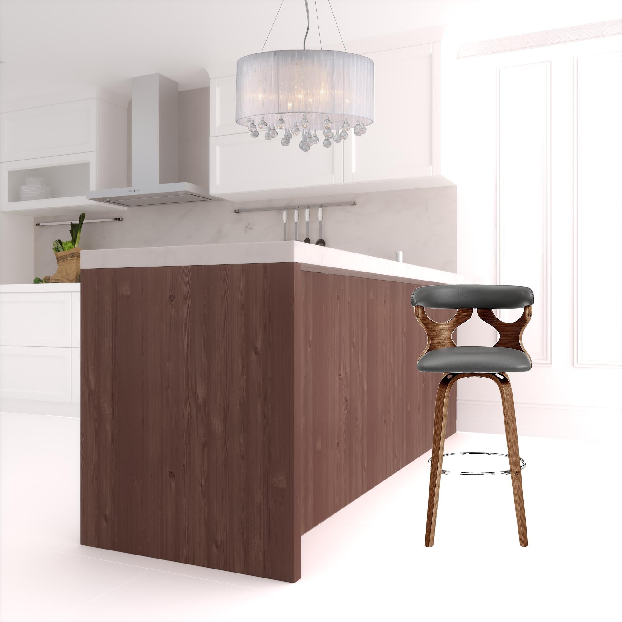 36" Gray Faux Leather And Manufactured Wood Swivel Counter Height Bar Chair