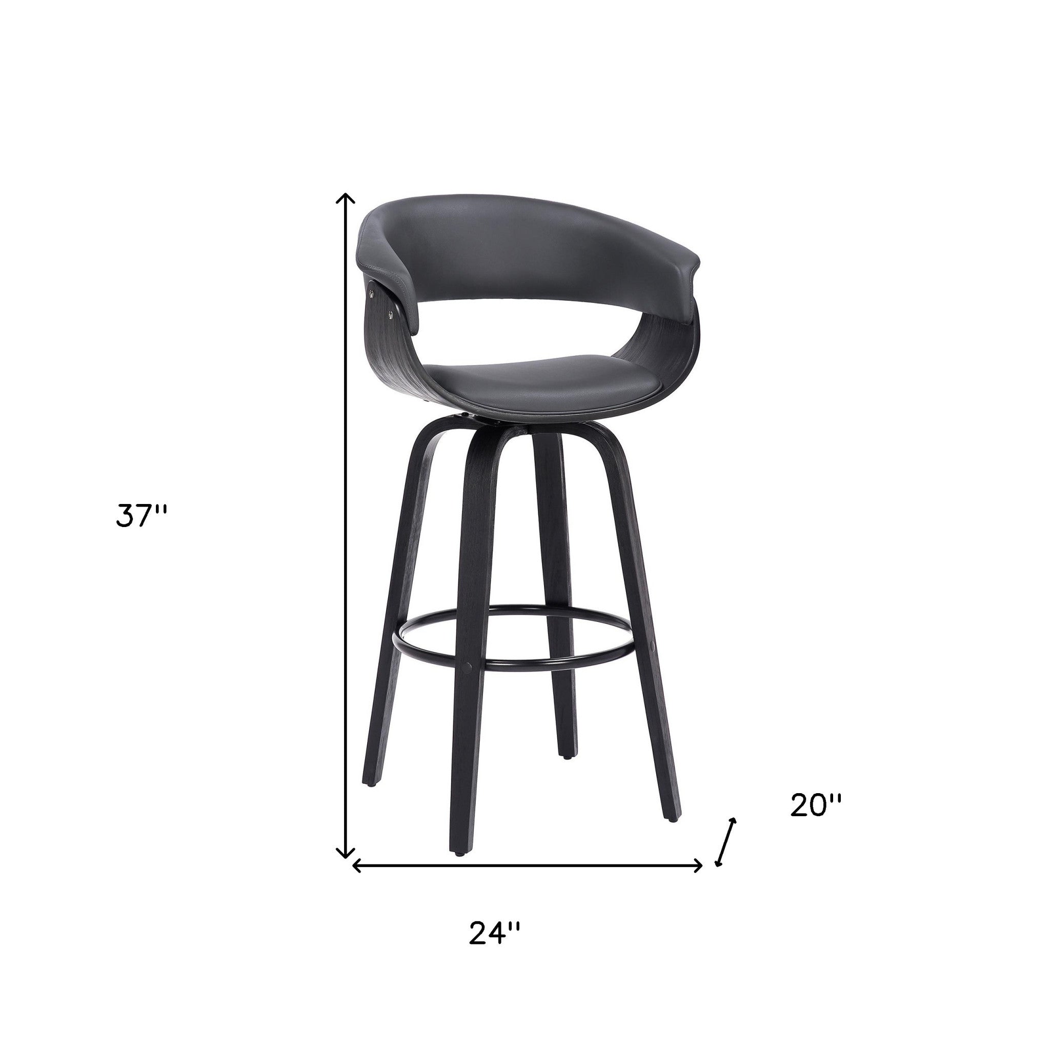 37" Gray And Black Faux Leather And Wood Swivel Low Back Counter Height Bar Chair With Footrest